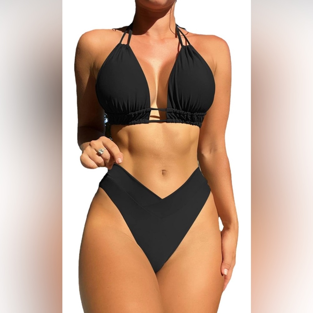 Meetall,L,Cheeky High Cut Triangle Bikini Sets, Women Halter Top Swimsuits 2 Pc